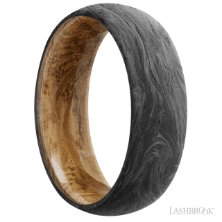 7 mm wide Domed Forged Carbon Fiber band featuring a Whiskey Barrel sleeve.