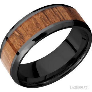 8 mm wide/Beveled/Zirconium band with one 5 mm Centered inlay of Desert Iron Wood.