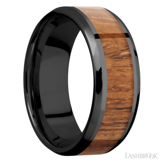 8 mm wide/Beveled/Zirconium band with one 5 mm Centered inlay of Desert Iron Wood.