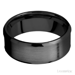 8 mm wide/Beveled/Zirconium band with one 5 mm Centered inlay of Desert Iron Wood.