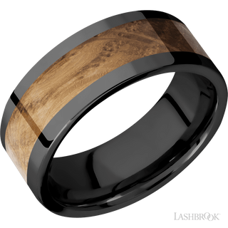 8 mm wide/Flat/Zirconium band with one 5 mm Centered inlay of Whiskey Barrel.