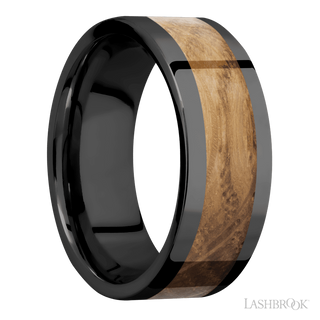 8 mm wide/Flat/Zirconium band with one 5 mm Centered inlay of Whiskey Barrel.