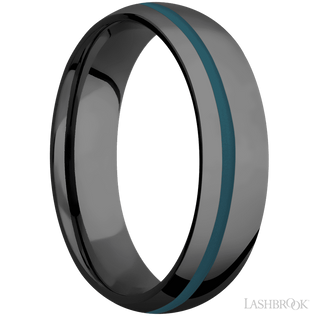 6 mm wide/Domed/Zirconium band with one 1 mm Off Center inlay of Ridgeway Blue.