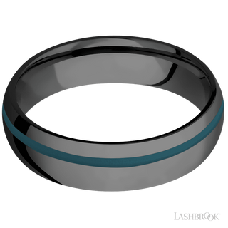 6 mm wide/Domed/Zirconium band with one 1 mm Off Center inlay of Ridgeway Blue.