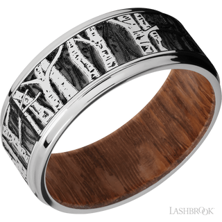 9 mm wide/Flat Grooved Edges/Cobalt Chrome band with a laser carved Aspen pattern also featuring a Leopard Wood sleeve.