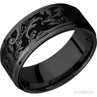 9 mm wide/Flat Grooved Edges/Zirconium band with a laser carved Black Leaf pattern.