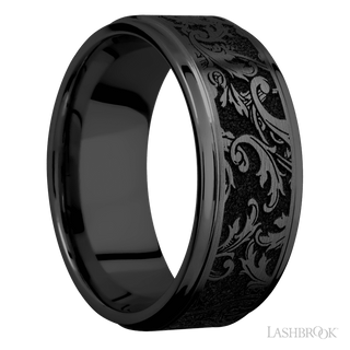 9 mm wide/Flat Grooved Edges/Zirconium band with a laser carved Black Leaf pattern.