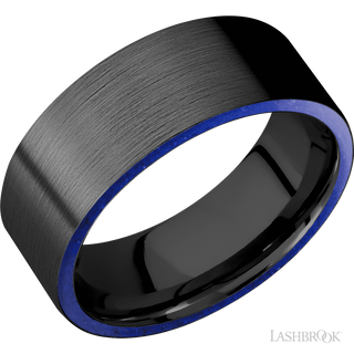 8 mm wide/Flat/Zirconium band with two 1 mm Side inlays of Lapis.