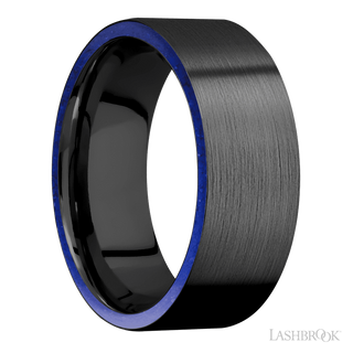 8 mm wide/Flat/Zirconium band with two 1 mm Side inlays of Lapis.