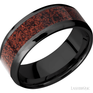 8 mm wide/Beveled/Zirconium band with one 5 mm Centered inlay of Dinosaur Bone Red.
