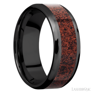 8 mm wide/Beveled/Zirconium band with one 5 mm Centered inlay of Dinosaur Bone Red.