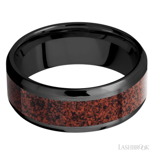 8 mm wide/Beveled/Zirconium band with one 5 mm Centered inlay of Dinosaur Bone Red.