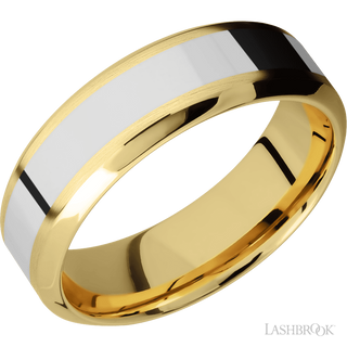 7 mm wide/High Bevel/14K Yellow Gold band with one 3 mm Centered inlay of 14K White Gold.
