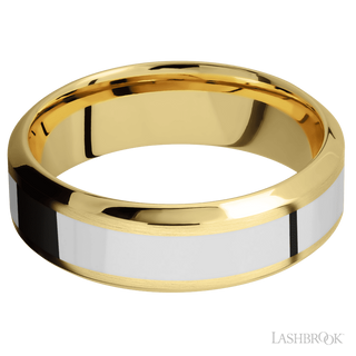7 mm wide/High Bevel/14K Yellow Gold band with one 3 mm Centered inlay of 14K White Gold.