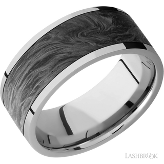9 mm wide/Flat/Titanium band with one 7 mm Centered inlay of Forged Carbon Fiber.