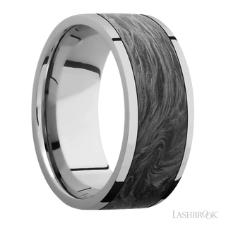 9 mm wide/Flat/Titanium band with one 7 mm Centered inlay of Forged Carbon Fiber.