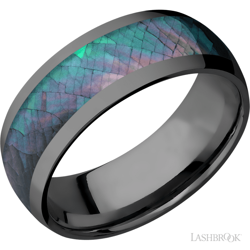 8 mm wide/Domed/Zirconium band with one 5 mm Centered inlay of Black Mother of Pearl.