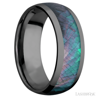 8 mm wide/Domed/Zirconium band with one 5 mm Centered inlay of Black Mother of Pearl.