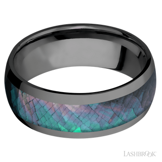 8 mm wide/Domed/Zirconium band with one 5 mm Centered inlay of Black Mother of Pearl.
