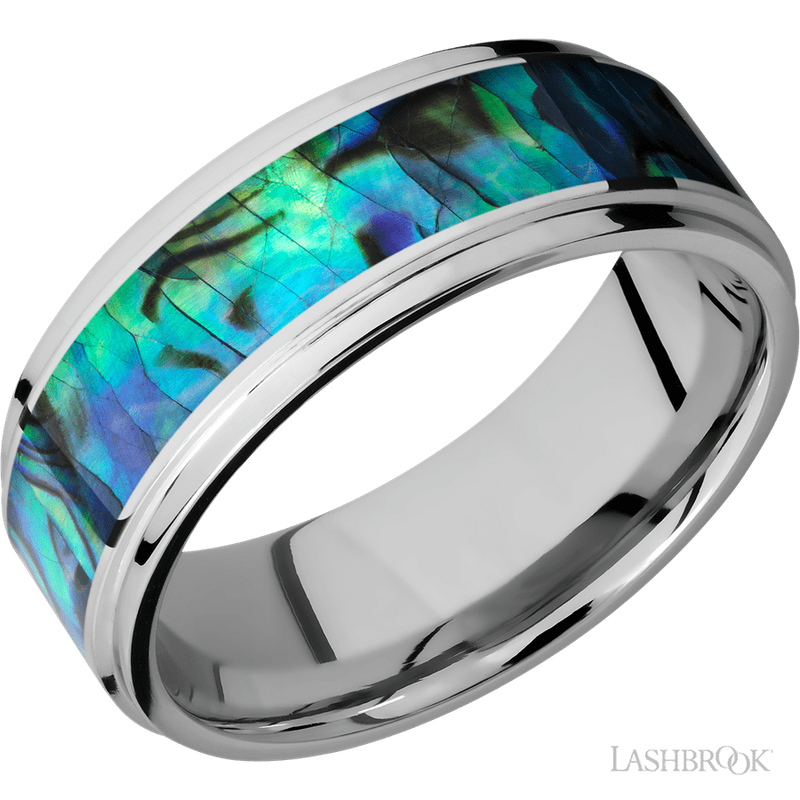 8 mm wide/Flat Grooved Edges/Cobalt Chrome band with one 5 mm Centered inlay of Abalone.