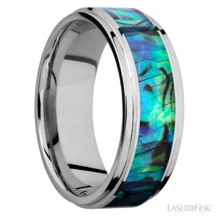 8 mm wide/Flat Grooved Edges/Cobalt Chrome band with one 5 mm Centered inlay of Abalone.