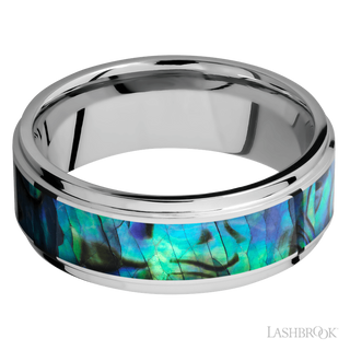 8 mm wide/Flat Grooved Edges/Cobalt Chrome band with one 5 mm Centered inlay of Abalone.