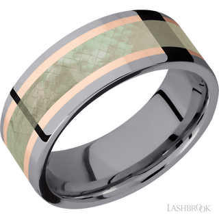 8 mm wide/Flat/Tantalum band featuring inlays of 14K Rose Gold and Freshwater Mother of Pearl.