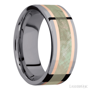 8 mm wide/Flat/Tantalum band featuring inlays of 14K Rose Gold and Freshwater Mother of Pearl.