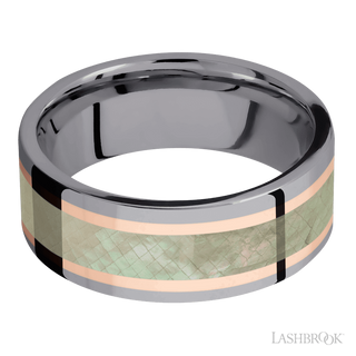 8 mm wide/Flat/Tantalum band featuring inlays of 14K Rose Gold and Freshwater Mother of Pearl.
