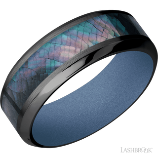 8 mm wide/High Bevel/Zirconium band with one 4 mm Centered inlay of Black Mother of Pearl also featuring a Crushed Orchid sleeve.