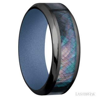 8 mm wide/High Bevel/Zirconium band with one 4 mm Centered inlay of Black Mother of Pearl also featuring a Crushed Orchid sleeve.