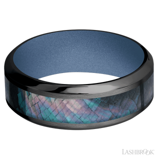 8 mm wide/High Bevel/Zirconium band with one 4 mm Centered inlay of Black Mother of Pearl also featuring a Crushed Orchid sleeve.