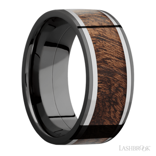 9 mm wide/Flat/Zirconium band featuring inlays of Titanium and Sapele.