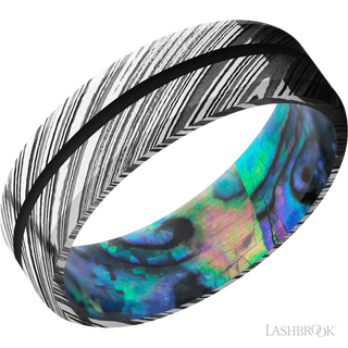 7 mm wide/Beveled/Woodgrain band with one 1 mm Centered inlay of Black also featuring a Abalone sleeve.