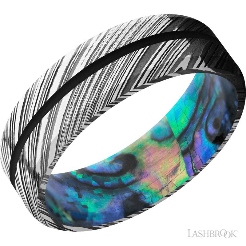7 mm wide/Beveled/Woodgrain band with one 1 mm Centered inlay of Black also featuring a Abalone sleeve.