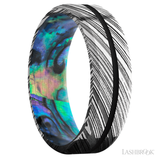 7 mm wide/Beveled/Woodgrain band with one 1 mm Centered inlay of Black also featuring a Abalone sleeve.