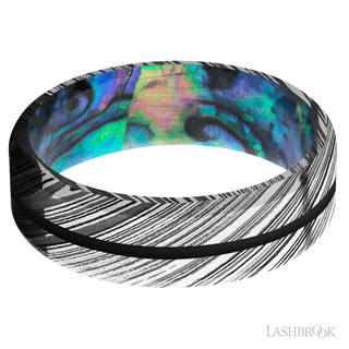 7 mm wide/Beveled/Woodgrain band with one 1 mm Centered inlay of Black also featuring a Abalone sleeve.