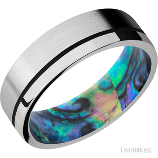 7 mm wide/Flat/14K White Gold band with one 0.5 mm Off Center inlay of Black also featuring a Abalone sleeve.