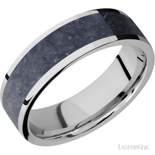7 mm wide/Flat/Cobalt Chrome band with one 5 mm Centered inlay of Sodalite.