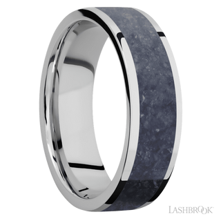 7 mm wide/Flat/Cobalt Chrome band with one 5 mm Centered inlay of Sodalite.