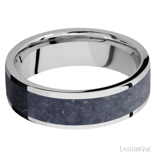 7 mm wide/Flat/Cobalt Chrome band with one 5 mm Centered inlay of Sodalite.