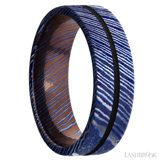 7 mm wide/Flat/Titanium Damascus band with one 1 mm Centered inlay of Black.