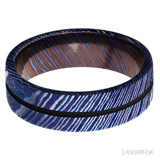 7 mm wide/Flat/Titanium Damascus band with one 1 mm Centered inlay of Black.