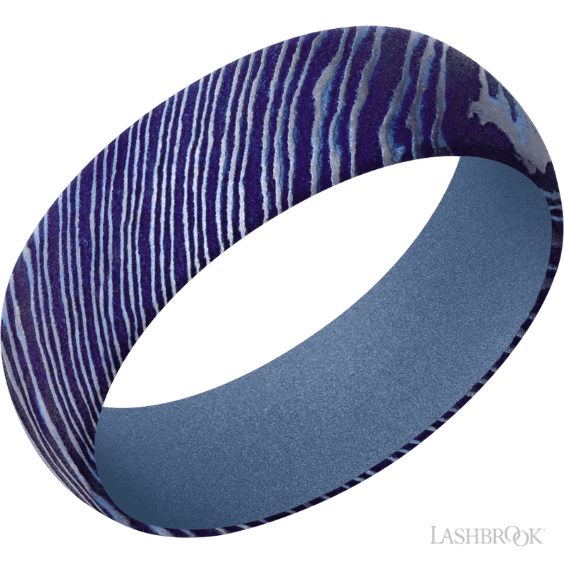 7 mm wide Domed Titanium Damascus band featuring a Crushed Orchid sleeve.