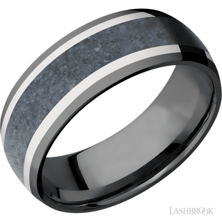 8 mm wide/Domed/Zirconium band featuring inlays of 14K White Gold and Blue Sapphire.
