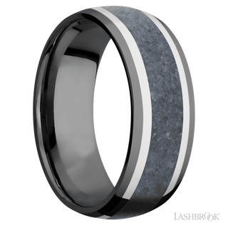 8 mm wide/Domed/Zirconium band featuring inlays of 14K White Gold and Blue Sapphire.