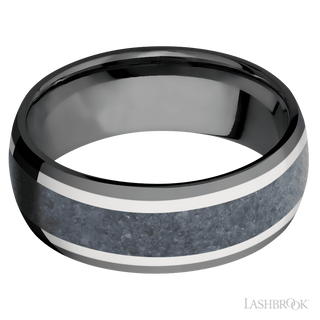 8 mm wide/Domed/Zirconium band featuring inlays of 14K White Gold and Blue Sapphire.
