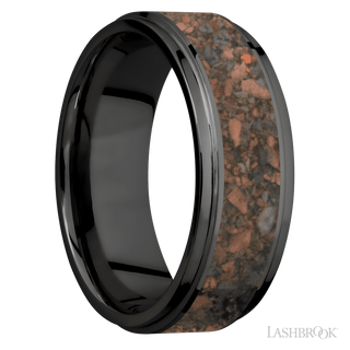 8 mm wide/Flat Grooved Edges/Zirconium band with one 5 mm Centered inlay of Desert Jasper.