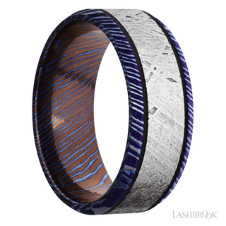 8 mm wide/Beveled/Titanium Damascus band with one 5 mm Centered inlay of Meteorite.