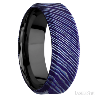 8 mm wide High Bevel Titanium Damascus band featuring a Zirconium sleeve.